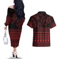 Red Taniko Kowhaiwhai Tukutuku Motif Couples Matching Off The Shoulder Long Sleeve Dress and Hawaiian Shirt