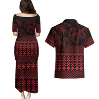 Red Taniko Kowhaiwhai Tukutuku Motif Couples Matching Puletasi and Hawaiian Shirt