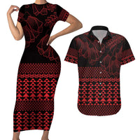 Red Taniko Kowhaiwhai Tukutuku Motif Couples Matching Short Sleeve Bodycon Dress and Hawaiian Shirt