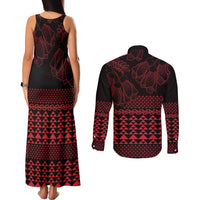 Red Taniko Kowhaiwhai Tukutuku Motif Couples Matching Tank Maxi Dress and Long Sleeve Button Shirt