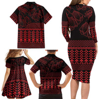Red Taniko Kowhaiwhai Tukutuku Motif Family Matching Long Sleeve Bodycon Dress and Hawaiian Shirt