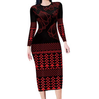 Red Taniko Kowhaiwhai Tukutuku Motif Family Matching Long Sleeve Bodycon Dress and Hawaiian Shirt