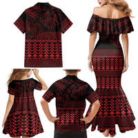 Red Taniko Kowhaiwhai Tukutuku Motif Family Matching Mermaid Dress and Hawaiian Shirt