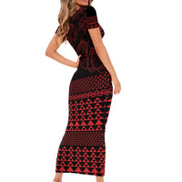 Red Taniko Kowhaiwhai Tukutuku Motif Family Matching Short Sleeve Bodycon Dress and Hawaiian Shirt