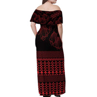 Red Taniko Kowhaiwhai Tukutuku Motif Off Shoulder Maxi Dress LT9 - Polynesian Pride