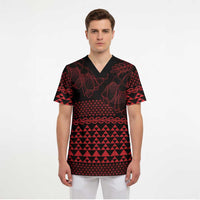 Red Taniko Kowhaiwhai Tukutuku Motif Scrub Top - Polynesian Pride