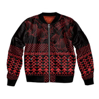 Red Taniko Kowhaiwhai Tukutuku Motif Sleeve Zip Bomber Jacket