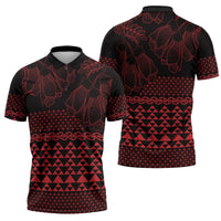 Red Taniko Kowhaiwhai Tukutuku Motif Zipper Polo Shirt - Polynesian Pride