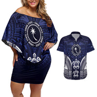 FSM Chuuk States Couples Matching Off Shoulder Short Dress and Hawaiian Shirt Micronesia Six 9 One Polynesian Tribal Pattern