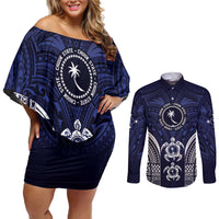 FSM Chuuk States Couples Matching Off Shoulder Short Dress and Long Sleeve Button Shirt Micronesia Six 9 One Polynesian Tribal Pattern
