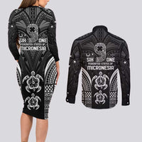 FSM Micronesia Six 9 One Couples Matching Long Sleeve Bodycon Dress and Long Sleeve Button Shirt Polynesian Tribal Pattern
