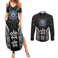 FSM Micronesia Six 9 One Couples Matching Summer Maxi Dress and Long Sleeve Button Shirt Polynesian Tribal Pattern LT9 Black - Polynesian Pride