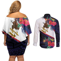 American Samoa Flag Day Since 1900 Couples Matching Off Shoulder Short Dress and Long Sleeve Button Shirt Samoa Muamua Le Atua Tropical Flowers