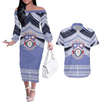 Personalised Tonga Apifoou College Couples Matching Off The Shoulder Long Sleeve Dress and Hawaiian Shirt Polynesian Ngatu Tribal