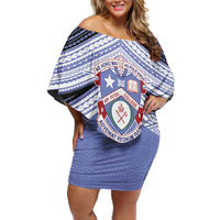 Personalised Tonga Apifoou College Off Shoulder Short Dress Polynesian Ngatu Tribal LT9 Women Blue - Polynesian Pride