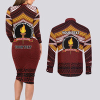 Personalised Tonga Beulah College Couples Matching Long Sleeve Bodycon Dress and Long Sleeve Button Shirt Polynesian Ngatu Tribal