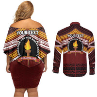 Personalised Tonga Beulah College Couples Matching Off Shoulder Short Dress and Long Sleeve Button Shirt Polynesian Ngatu Tribal