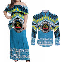 Personalised Tonga Lavengamalie College Couples Matching Off Shoulder Maxi Dress and Long Sleeve Button Shirt Polynesian Ngatu Tribal