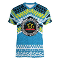 Personalised Tonga Lavengamalie College Women V-Neck T-Shirt Polynesian Ngatu Tribal LT9 Female Blue - Polynesian Pride