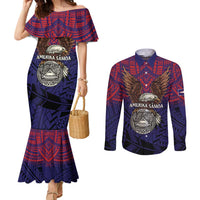 American Samoa Brave Eagle Personalized Couples Matching Mermaid Dress and Long Sleeve Button Shirt National Flag Color
