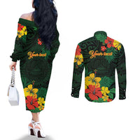 American Samoa Manu'atele Personalized Couples Matching Off The Shoulder Long Sleeve Dress and Long Sleeve Button Shirt Manua Island Hibiscus Flowers