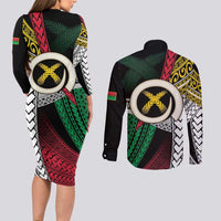 Ni-Van Vanuatu 45th Yumi Yumi Yumi Couples Matching Long Sleeve Bodycon Dress and Long Sleeve Button Shirt Vanuatuan Boar Tusk Polynesian Pattern