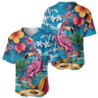 Hawaiian Flamingo Hibiscus Personalised Baseball Jersey Blue Summer Tropical Flowers - Polynesian Pride