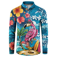 Hawaiian Flamingo Hibiscus Personalised Button Sweatshirt Blue Summer Tropical Flowers LT9 Blue - Polynesian Pride