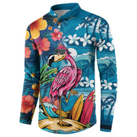 Hawaiian Flamingo Hibiscus Personalised Button Sweatshirt Blue Summer Tropical Flowers LT9 - Polynesian Pride