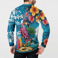 Hawaiian Flamingo Hibiscus Personalised Button Sweatshirt Blue Summer Tropical Flowers LT9 - Polynesian Pride