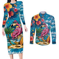Hawaiian Flamingo Hibiscus Personalised Couples Matching Long Sleeve Bodycon Dress and Long Sleeve Button Shirt Blue Summer Tropical Flowers - Polynesian Pride