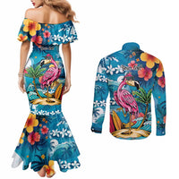 Hawaiian Flamingo Hibiscus Personalised Couples Matching Mermaid Dress and Long Sleeve Button Shirt Blue Summer Tropical Flowers - Polynesian Pride
