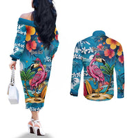 Hawaiian Flamingo Hibiscus Personalised Couples Matching Off The Shoulder Long Sleeve Dress and Long Sleeve Button Shirt Blue Summer Tropical Flowers - Polynesian Pride