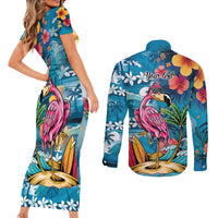 Hawaiian Flamingo Hibiscus Personalised Couples Matching Short Sleeve Bodycon Dress and Long Sleeve Button Shirt Blue Summer Tropical Flowers - Polynesian Pride