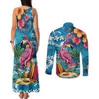 Hawaiian Flamingo Hibiscus Personalised Couples Matching Tank Maxi Dress and Long Sleeve Button Shirt Blue Summer Tropical Flowers - Polynesian Pride