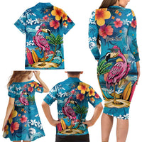 Hawaiian Flamingo Hibiscus Personalised Family Matching Long Sleeve Bodycon Dress and Hawaiian Shirt Blue Summer Tropical Flowers - Polynesian Pride