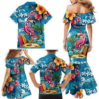 Hawaiian Flamingo Hibiscus Personalised Family Matching Mermaid Dress and Hawaiian Shirt Blue Summer Tropical Flowers - Polynesian Pride