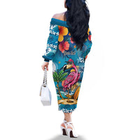 Hawaiian Flamingo Hibiscus Personalised Family Matching Off The Shoulder Long Sleeve Dress and Hawaiian Shirt Blue Summer Tropical Flowers - Polynesian Pride
