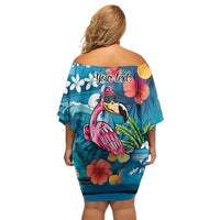 Hawaiian Flamingo Hibiscus Personalised Family Matching Off Shoulder Short Dress and Hawaiian Shirt Blue Summer Tropical Flowers - Polynesian Pride