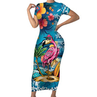 Hawaiian Flamingo Hibiscus Personalised Family Matching Short Sleeve Bodycon Dress and Hawaiian Shirt Blue Summer Tropical Flowers - Polynesian Pride