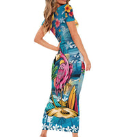 Hawaiian Flamingo Hibiscus Personalised Family Matching Short Sleeve Bodycon Dress and Hawaiian Shirt Blue Summer Tropical Flowers - Polynesian Pride