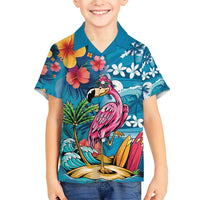 Hawaiian Flamingo Hibiscus Personalised Family Matching Short Sleeve Bodycon Dress and Hawaiian Shirt Blue Summer Tropical Flowers - Polynesian Pride