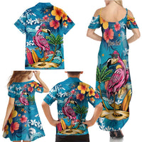 Hawaiian Flamingo Hibiscus Personalised Family Matching Summer Maxi Dress and Hawaiian Shirt Blue Summer Tropical Flowers - Polynesian Pride
