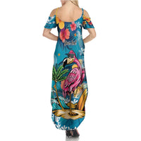 Hawaiian Flamingo Hibiscus Personalised Family Matching Summer Maxi Dress and Hawaiian Shirt Blue Summer Tropical Flowers - Polynesian Pride
