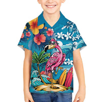 Hawaiian Flamingo Hibiscus Personalised Family Matching Tank Maxi Dress and Hawaiian Shirt Blue Summer Tropical Flowers - Polynesian Pride
