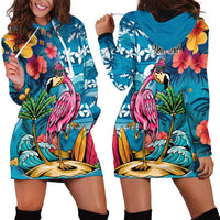 Hawaiian Flamingo Hibiscus Personalised Hoodie Dress Blue Summer Tropical Flowers - Polynesian Pride