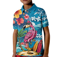 Hawaiian Flamingo Hibiscus Personalised Kid Polo Shirt Blue Summer Tropical Flowers - Polynesian Pride