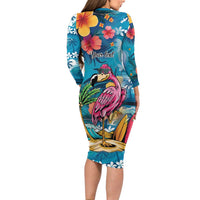 Hawaiian Flamingo Hibiscus Personalised Long Sleeve Bodycon Dress Blue Summer Tropical Flowers - Polynesian Pride