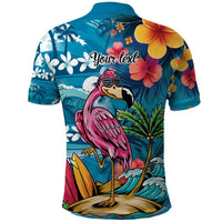 Hawaiian Flamingo Hibiscus Personalised Polo Shirt Blue Summer Tropical Flowers - Polynesian Pride