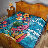 Hawaiian Flamingo Hibiscus Personalised Quilt Blue Summer Tropical Flowers - Polynesian Pride